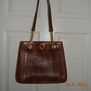 Bally woven leather shoulder bag vintage cognac